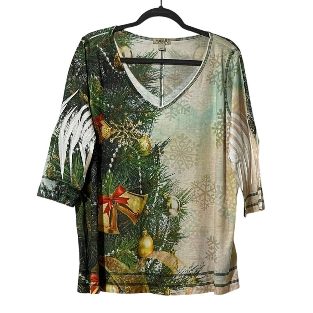 One World Size 2X Christmas Graphic V-Neck Top With Snowflakes & Bells Print